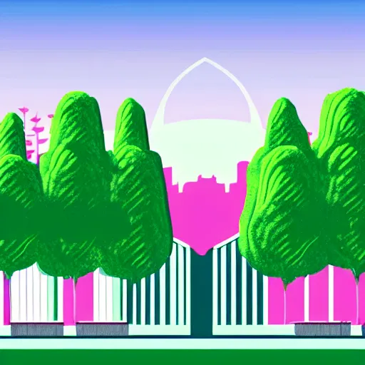 Image similar to art deco vaporwave illustration of a park with trees and benches, with a futuristic pink pastel city in the background