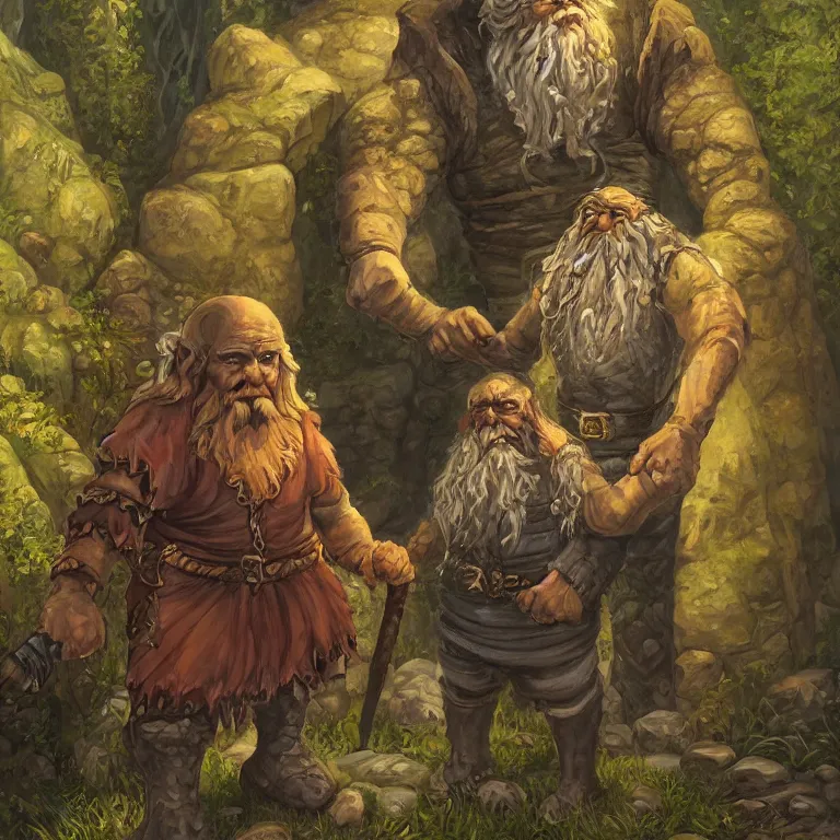 Prompt: a beautiful portrait painting in the style of larry elmore of a stone golem standing center frame with his stone arms around a dwarf wizard and elf rogue at summer camp