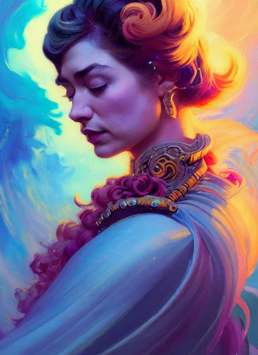 Image similar to side portrait, imogen poots, paladin, fantasy, gloomhaven, luminescent, tarot, organic painting, colorful swirly ripples, gaudy colors, by greg manchess, huang guangjian, gil elvgren, sachin teng, greg rutkowski, jesper ejsing, ilya kuvshinov