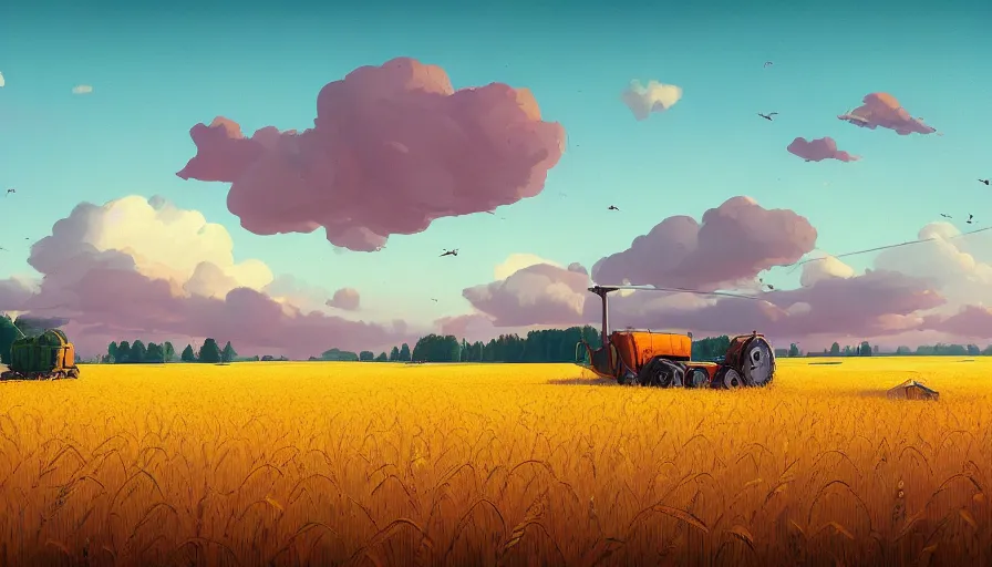 Prompt: colourful sky, wheat field, distant combine harvesters, big trees, matte painting, art station, digital art, simon stalenhag