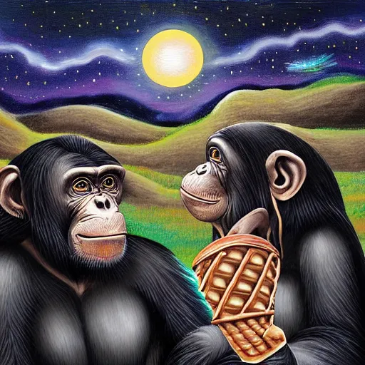 Image similar to a detailed art painting chimpanzee photograph of two chimpanzees!!! worshiping a giant ice cream cone sent by aliens that chimpanzees are worshiping, at dawn. by digital artists.