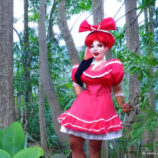 Image similar to a tex avery of reimu in the jungle wearing bonnet