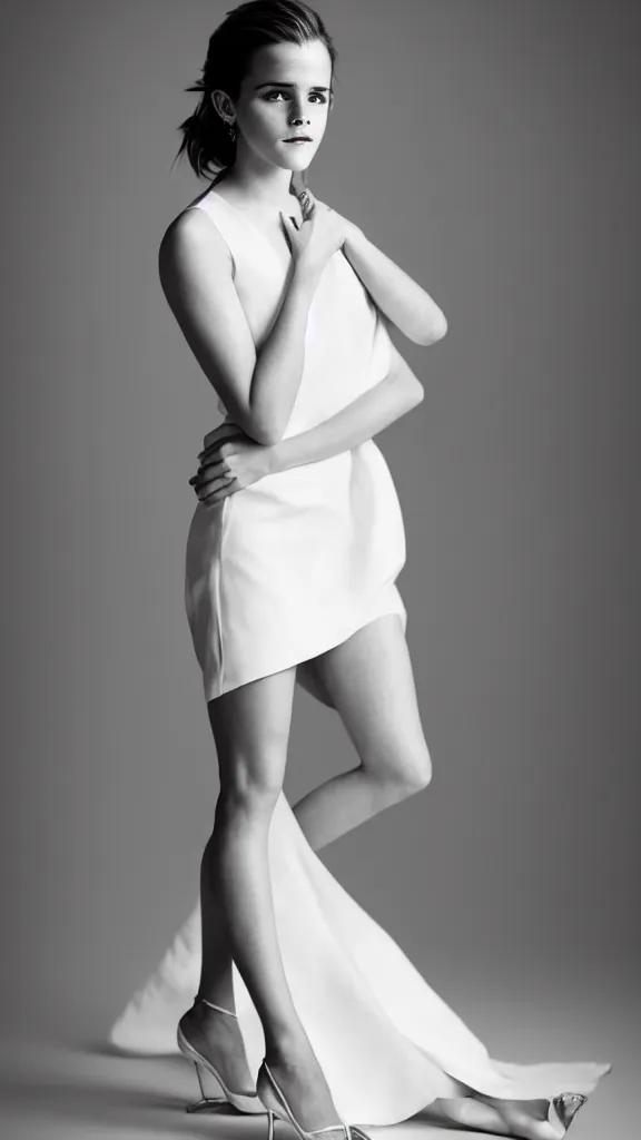 Prompt: an extremely beautiful studio photo of emma watson wearing heels and wearing a white dress, in a white room, pale skin, bokeh, very very very very beautiful!!, hard focus, full body shot, 9 0 mm, f / 1. 4