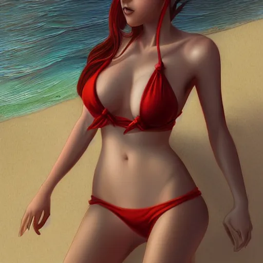 Image similar to beautiful elf princess in a bikini on the beach drawn by artgerm