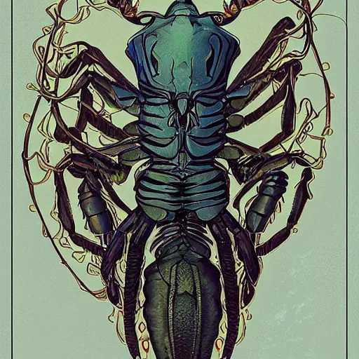 Prompt: diagram of blind isopod with three scorpion tail tentacles curled in a large human hand, science fiction concept art by Anato Finnstark, Alphonse Mucha, and Greg Rutkowski