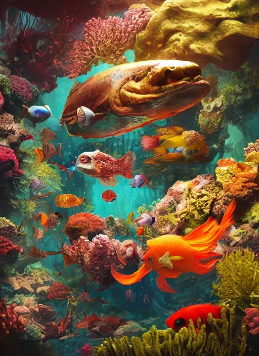 Prompt: An epic fantastic realism comic book style painting of the underwater environment with beautiful fishes, exquisite bouquets from an alien culture, fisheye, unreal 5, DAZ, hyperrealistic, octane render, dynamic lighting