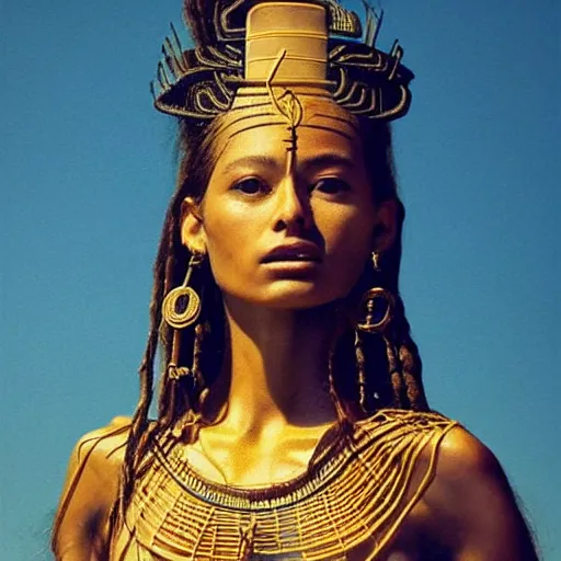 Image similar to A perfect Mayan female goddess stands for a waist up portrait with her body sightly wrapped in thin gold wire creatively arranged so as to look like Mayan Hieroglyphic tattoos, in an abandoned barn, hyper photo realistic 8K HD HDRI, photo by Annie Leibovitz.