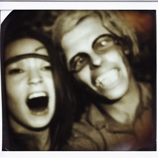 Image similar to polaroid of a happy couple looking into the camera during a zombie apocalypse