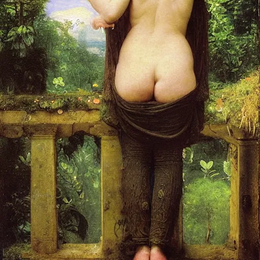 Image similar to a renaissance oil painting by alma tadema of a minion turned back on a stone balcony covered in moss with over shoulder view on a magical jungle, colourful pastel, detailed academic bouguereau, sharp focus, long shot