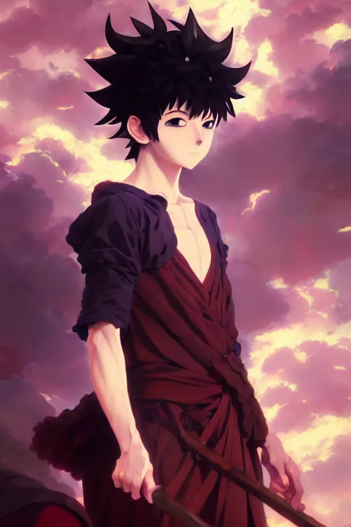 Image similar to baroque oil painting full body portrait character concept art, anime key visual of killua zoldyck studio lit directed gaze, trending on pixiv fanbox, painted by greg rutkowski makoto shinkai takashi takeuchi studio ghibli