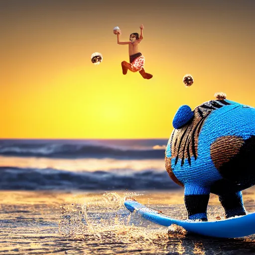 Image similar to a closeup photorealistic photograph of a cute smiling knitted tiger hippopotamus chasing after beachballs during sunset. surf in background. professional capture. this 4 k hd image is trending on artstation, featured on behance, well - rendered, extra crisp, features intricate detail, epic composition and the style of unreal engine.