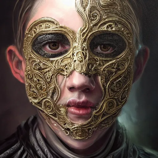 Image similar to Very very very very highly detailed epic portrait photo of face with venetian mask, intricate, dystopian, sci-fi, extremely detailed, digital painting, artstation, concept art, smooth, sharp focus, illustration, intimidating lighting, incredible art by Tokujin Yoshioka and Anton Pieck