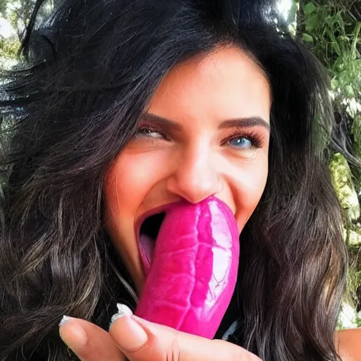 Image similar to instagram model putting huge pink pickle with veins in her mouth