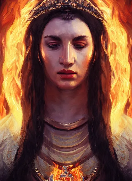 Prompt: Portrait of a beautiful priestess from the oracle of Delphi, looking into the flames, greek mythology, high face detail, full body, digital art, trending on artstation, dramatic lighting