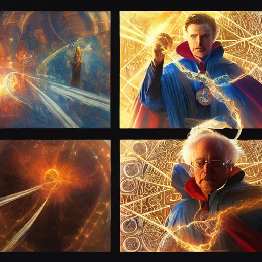 Prompt: bernie sanders as doctor strange, radiant light, caustics, heroic, bright iridescent light, by gaston bussiere, bayard wu, greg rutkowski, maxim verehin