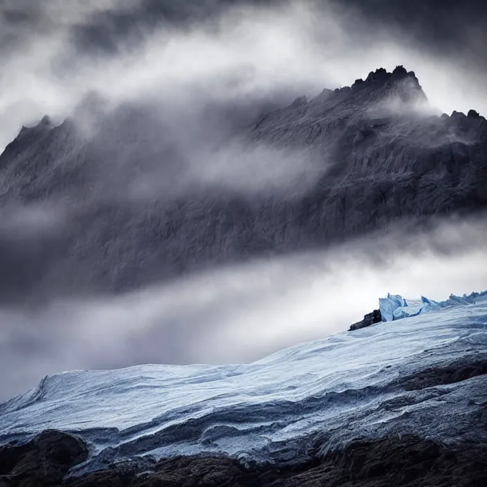 Image similar to award winning photo of floating glacier in the air surrounded by clouds and mist, mysterious, photo taken from below