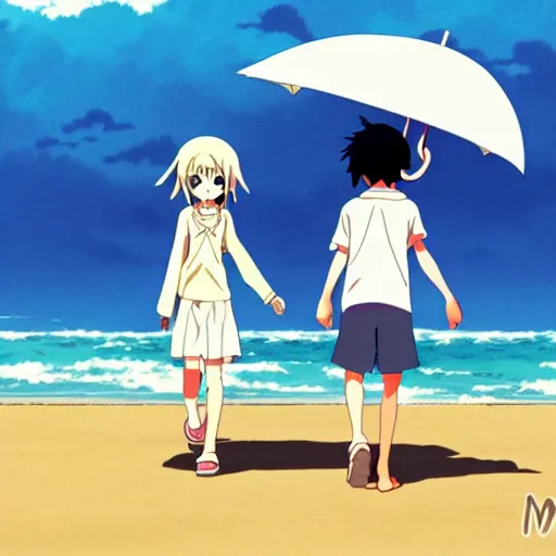 Prompt: anime girl and boy walking together on the Beach, Rain, umbrella, by makoto shinkai, Studio Ghibli, anime wallpaper, flat colors