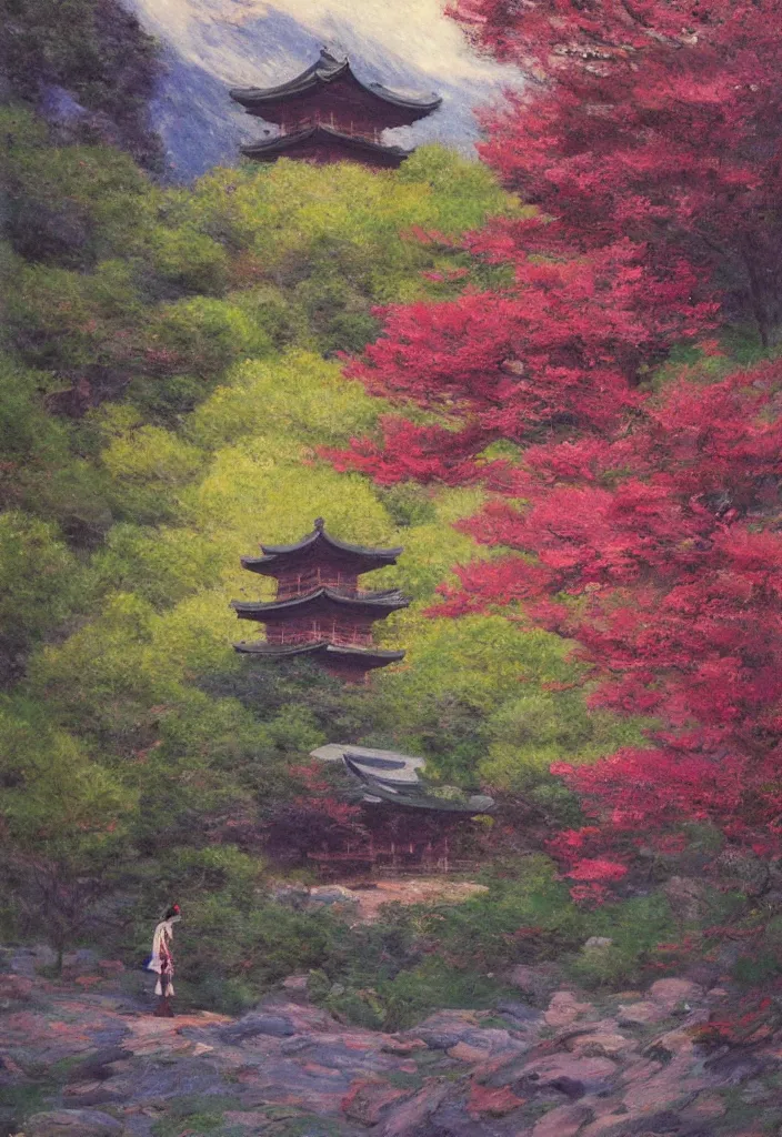 Image similar to tiny character in front of a huge japanese temple in the mountain. gorgeous epic nature, lofi, vivid colors, amazing light, by jeremy lipkin, by claude monet, heavily inspired by makoto shinkai, kandinsky touches, masterpiece, multiple brush strokes, impressionist style