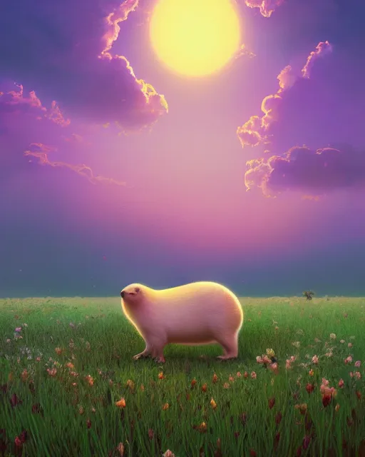 Image similar to white capybara looking at the sun in a flower field, surreal photography, sunrise dramatic light, impressionist painting, colorful clouds, digital painting, artstation, kilian eng, john harris, bastien lecouffe - deharme, simon stalenhag, flower face