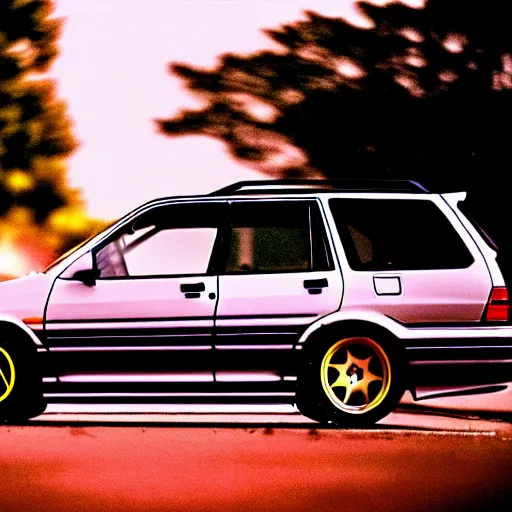 Image similar to 1990s subaru forester drift at illegal car meet, Chiba prefecture, city midnight mist lights, cinematic lighting, photorealistic, highly detailed wheels