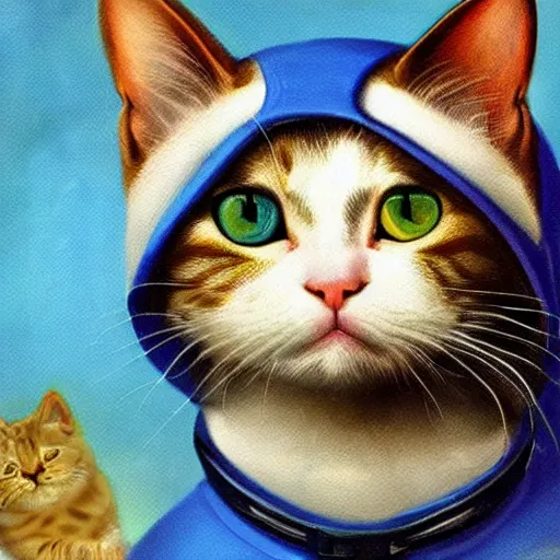 Image similar to head and shoulders masterpiece portrait of a cute adorable cat wearing a blue spacesuit, surreal background, digital art, by hieronymus bosch, trending on artstation, cgsociety,