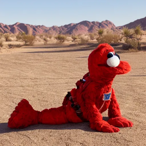 Prompt: Elmo dressed as a United States Marine in the desert sitting in a desert village, 8k, dramatic, depth of field,