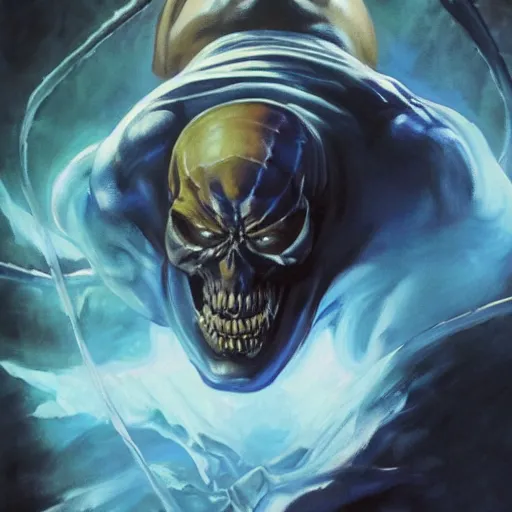 Image similar to ultra realistic portrait painting of skeletor as spider - man in spider - man remastered, art by frank frazetta, 4 k, ultra realistic, highly detailed, epic lighting