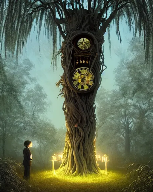 Image similar to highly detailed surreal vfx portrait of a cursed grandfather clock in a shadowy forest by a willow tree, stephen bliss, unreal engine, greg rutkowski, loish, rhads, beeple, makoto shinkai and lois van baarle, ilya kuvshinov, rossdraws, tom bagshaw, alphonse mucha, global illumination, detailed and intricate environment