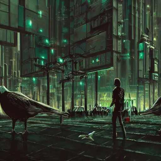 Image similar to A dark painting of a cyberpunk city infested with giant pigeons, trending on deviantart