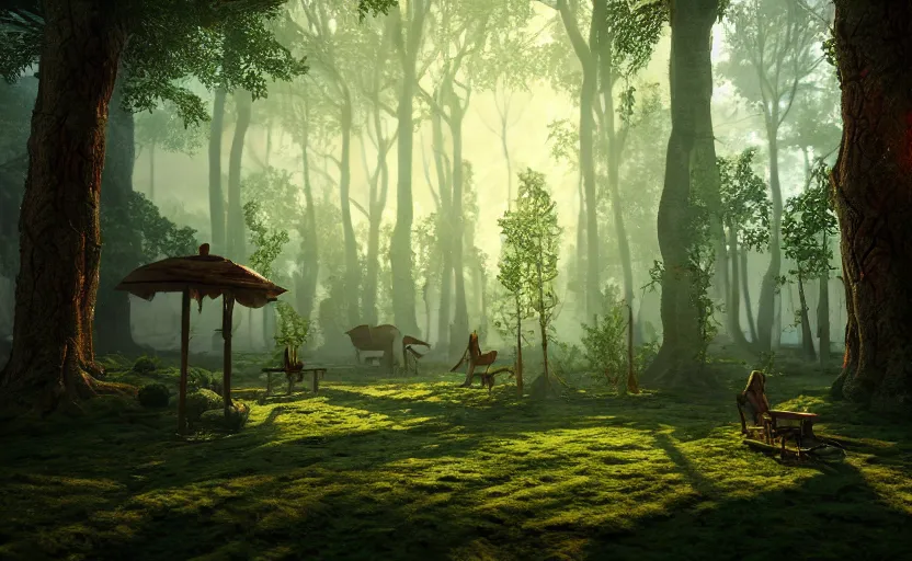 Prompt: inside a beautiful wood elf city, 8 k, hdr, award - winning, octane render, artstation, volumetric lighting