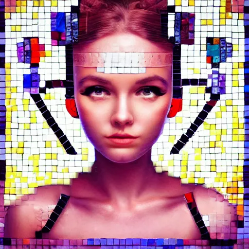 Prompt: mosaic of a cute young woman with robot ears and eyes, 4k, intricate details