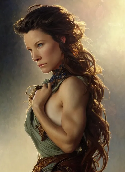 Image similar to beautiful portrait of evangeline lilly, by magali villeneuve and greg rutkowski and artgerm and alphonse mucha, intricate, elegant, highly detailed, photorealistic, trending on artstation, trending on cgsociety, 8 k, sharp focus