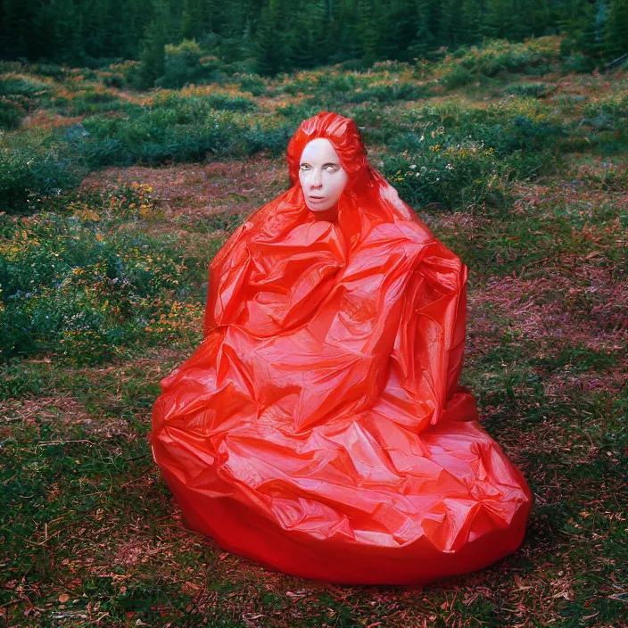 Image similar to a color photograph, closeup portrait of a woman wrapped in plastic, sitting in a plastic throne, in acadia national park in maine, color photograph, by vincent desiderio, canon eos c 3 0 0, ƒ 1. 8, 3 5 mm, 8 k, medium - format print