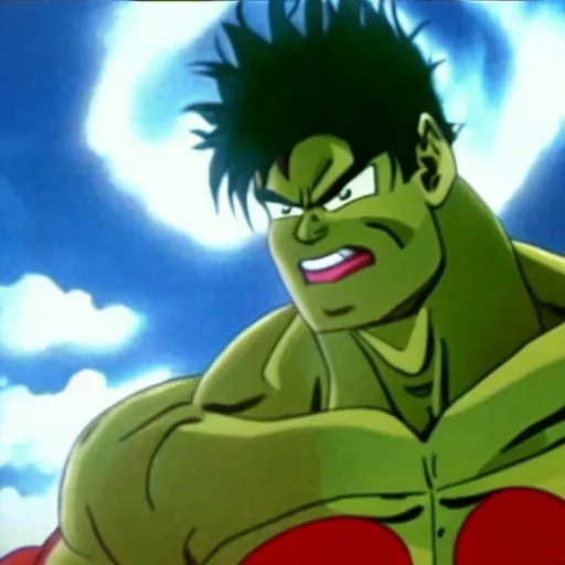 Prompt: a still of the hulk in dragon ball Z, the Hulk is Red