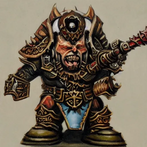 Image similar to chaos dwarf smith in the style of warhammer fantasy : : head and torso oil painting