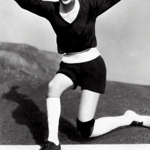 Prompt: a 1 9 2 8 portrait. happy, healthy, smiling, sporty, glowing greta garbo in athletic wear with big smile and healthy teeth.