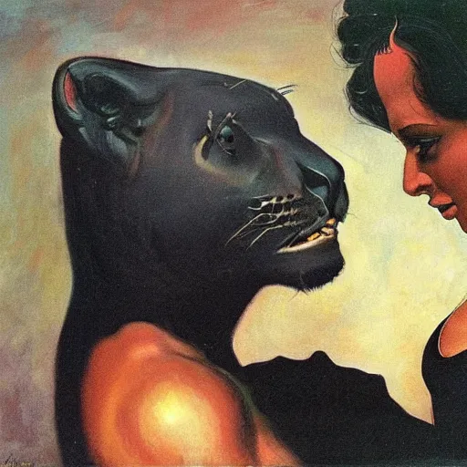 Prompt: a large black jaguar with the head of a beautiful dark-haired woman, Frank Frazetta