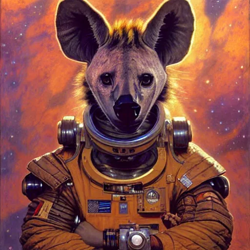 Image similar to portrait of a male hyena wearing a space suit in a space ship. shadowrun furaffiniy cyberpunk fantasy highly detailed painting by gaston bussiere craig mullins jc leyendecker gustav klimt artgerm greg rutkowski john berkey, bergey, craig mullins, ruan jia, raymond swanland, jeremy mann, tom lovell, alex malveda