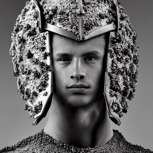 Image similar to a portrait of a beautiful young male wearing an alexander mcqueen armor made of ashes , photographed by andrew thomas huang, artistic