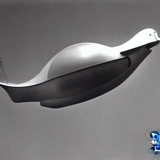 Image similar to a spaceship in the shape of a duck, 1960s photograph