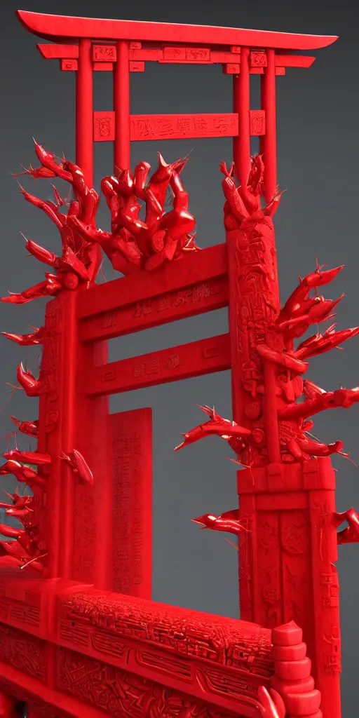 Image similar to 3 d render of a carved red torii gate sculpture, chrometype, made of liquid metal, neotribal with thorns and thunders, japanese temple, raytraced, volumetric lightning, 8 k, by zhelong xu, ouchh and and innate studio