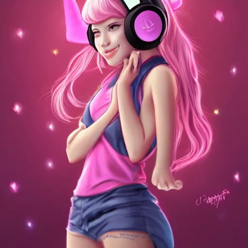 Prompt: very very very beautiful pink gamer girl wearing headphones with a unicorn horn coming out of her head standing in a pink girls room, full body portrait, eye contact, smiling, perfect face, perfect body, extreme long shot, drawn by artgerm and charlie bowater