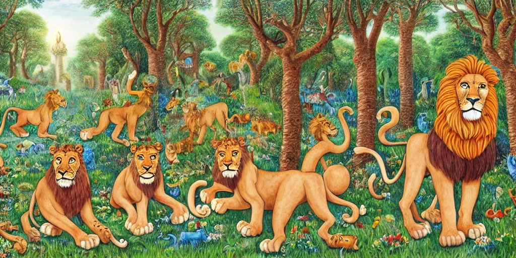 Image similar to lions in front of birthday table in fairytale forest , huge scale, high detail, intricate by Axel Scheffler