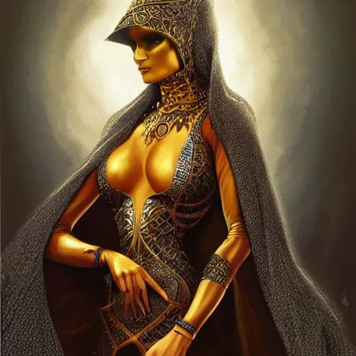 Image similar to a full body beautiful woman wearing a niqab made of silk with golden jewelry and diamonds by alex gray and android jones, karol bak, ayami kojima, arabian, concept art, fantasy