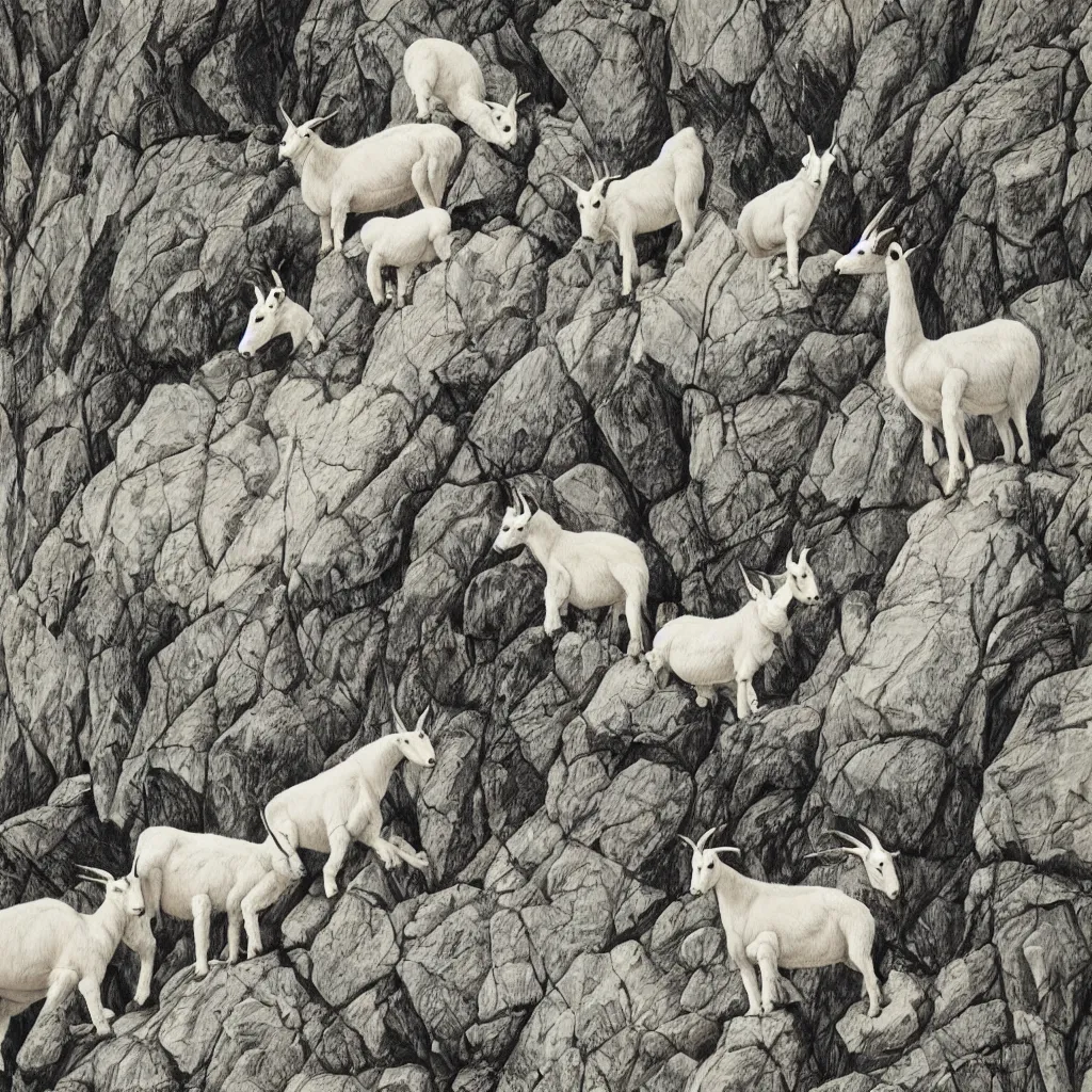 Image similar to mountain goats on a sheer cliffside, expressive, hyperrealism, photorealistic, lithography, fabric pattern