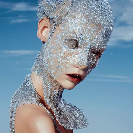 Prompt: close up of face of a fashion ice sculpture, in desert, official vogue editorial, highly detailed