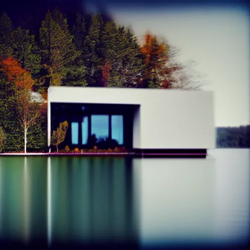 Prompt: modern house on the lake, artwork by denis villeneuve, mystic, melancholy, pinhole analogue photo quality, lomography, blur, unfocus, cinematic, foil effect, holographic effect