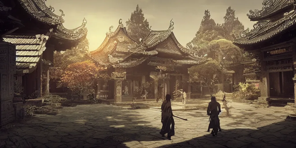 Image similar to vietnamese temple scene, side scroller, 2 d game art background, sharp, detailed, intricate, game level design, cinematic lighting, ultrarealistic, photorealistic, trending on artstation, in the style of yoji shinkawa and greg rutkowski and federico pelat and wlop and karol bak and bouguereau and santiago caruso