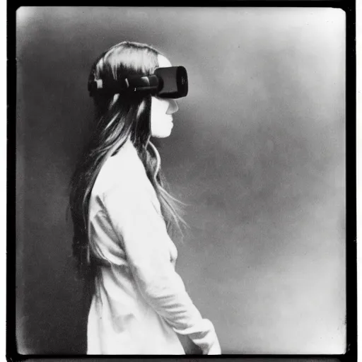 Image similar to an ancient demon-girl using a VR headset, mist , 1910 Polaroid photo, Black and white