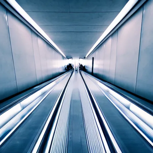 Prompt: approaching futuristic escalator inside white back glossy lit tube with streaming beams of light, building anticipation, scintillating, movement, pastel gradients, 8 k, highly detailed, professional photograph, epic composition, modern details